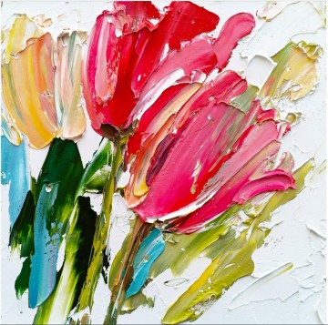 150の主題の芸術作品 Painting - パレットナイフによるチューリップの花のウォールアートミニマリズム